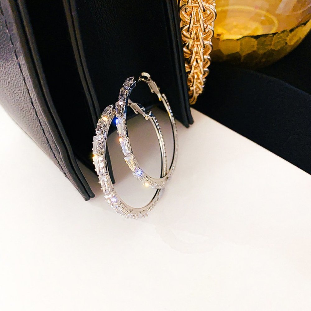 NEW 1.75'' 925 Silver Diamond Hoop Earrings - Picture 8 of 8